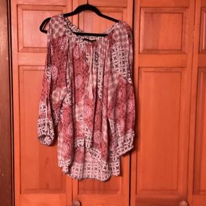 Women's Pink Multi Print Peasant Blouse with Tie Neck